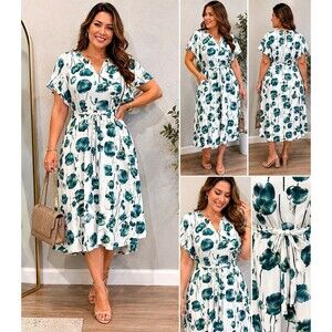 Alfani Plus  20W Floral Midi Dress White Green Flutter Sleeve Lined Pockets New